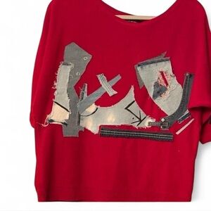Small red short sleeve “cashmere” sweater with one of a kind denim patchwork